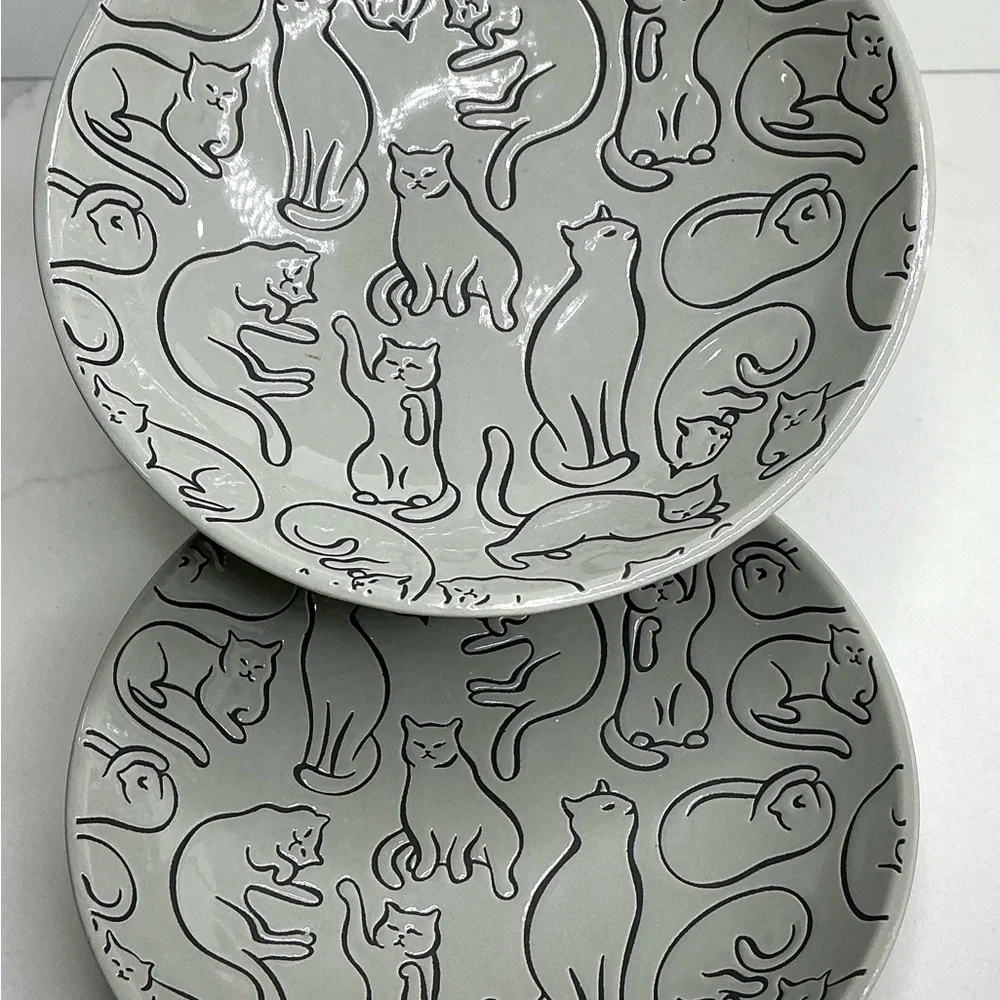 2 Signature Cat Pet Bowl Plate Food Dish Plate Adorable Gray 6” New